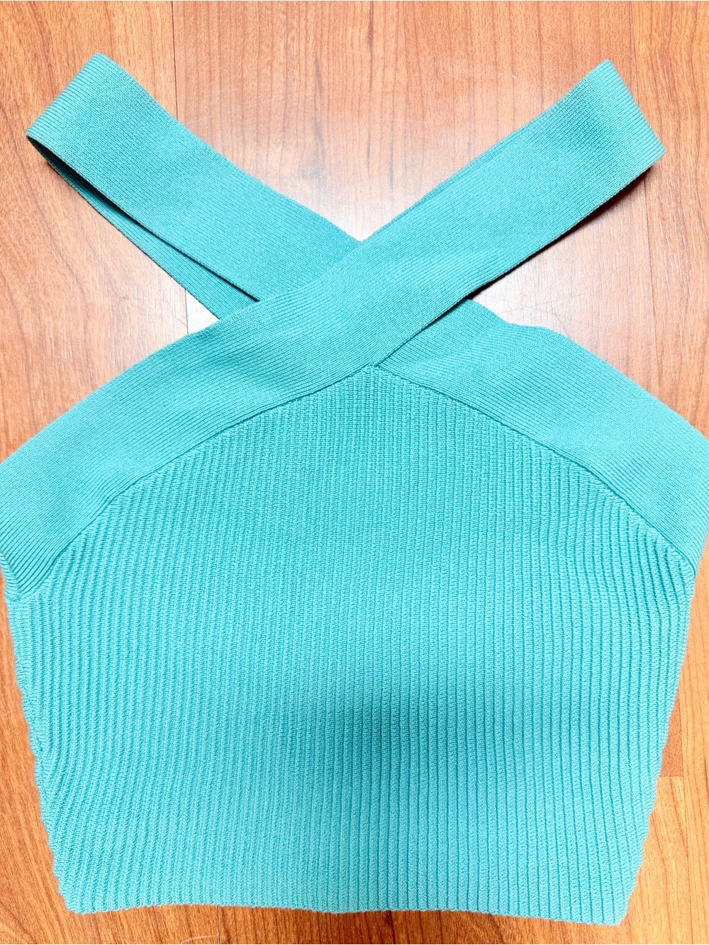 Meshki Aqua Ribbed One-Shoulder Cross-Strap Crop Top